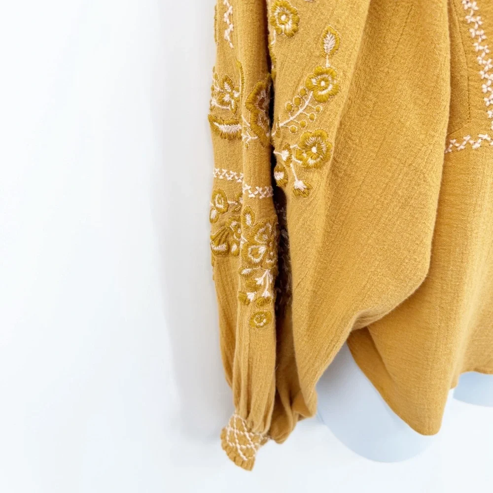Free People Notting Hill Top Mustard Yellow Embroidered Boho Peasant Top Sz XS